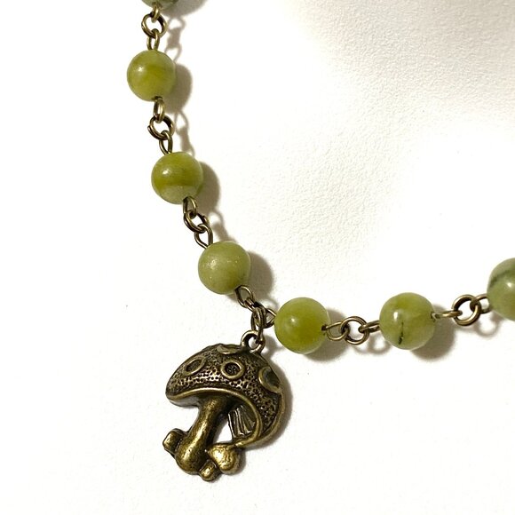 Natural Fern Green Serpentine Necklace, Bronze Round Mushroom+ Genuine Gemstone - Picture 1 of 12